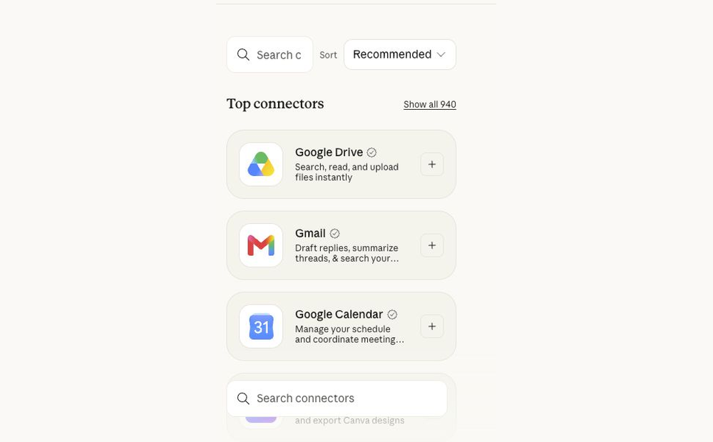 Animated public Claude connector directory screenshots, showing business-tool options and a Google search.