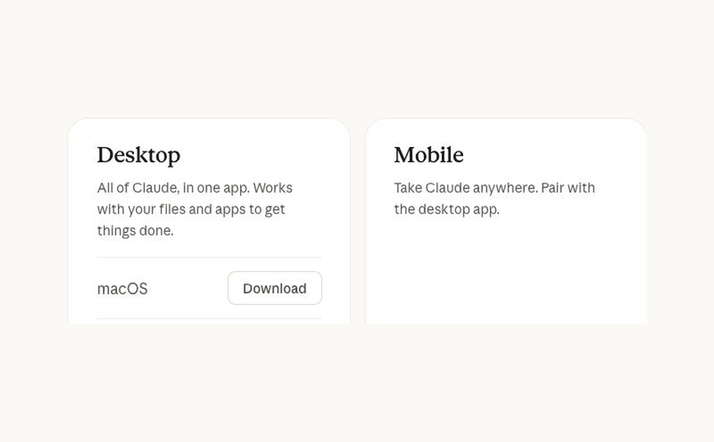 Animated official Claude download screens showing the desktop download and mobile app entry.