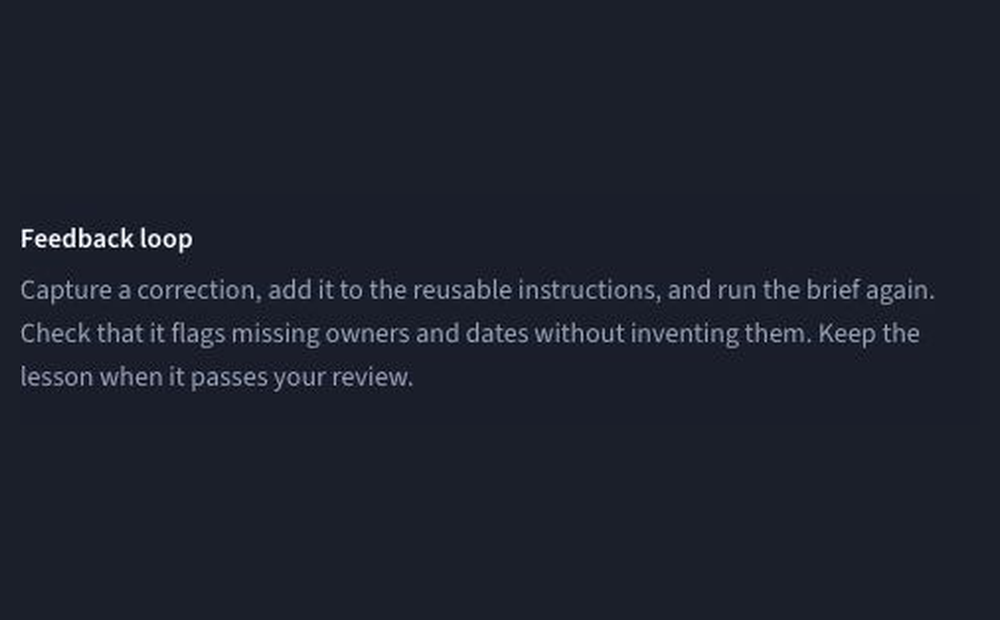 Public AI 30 workflow illustration showing draft review, a saved feedback rule for the next run, and editable instructions in the handoff.