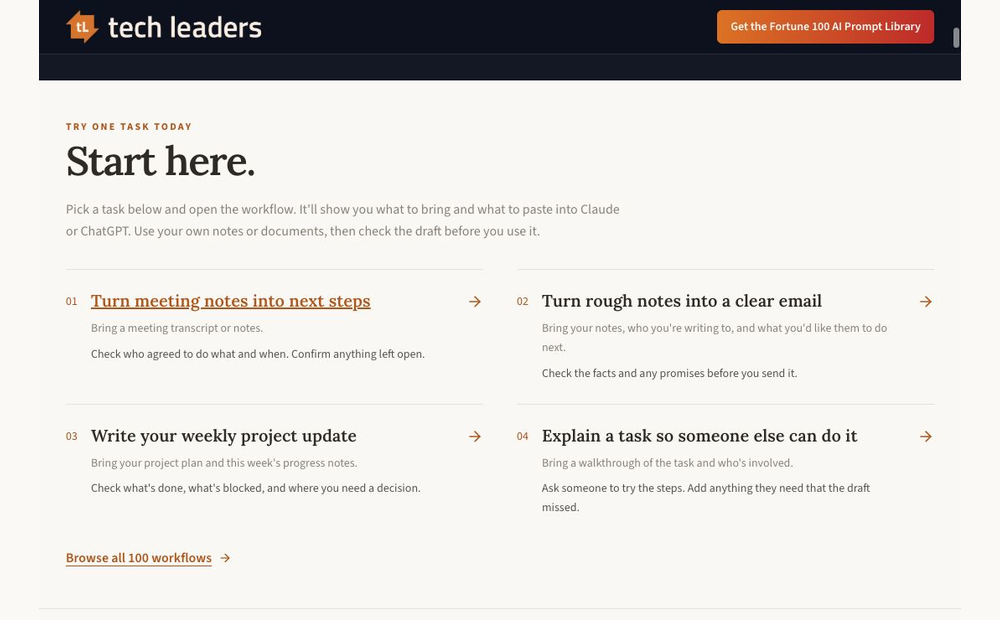 Animated live prompt-library screens showing Start Here, a weekly-project search, and the Weekly Project Status workflow.