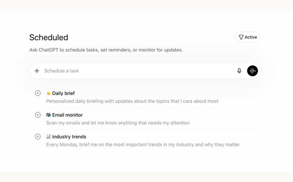 Animated official ChatGPT Tasks screenshots showing scheduled work and the recurrence settings.