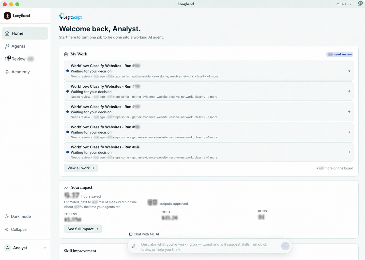 Longhand Home screen with the LegitScript organization experience loaded