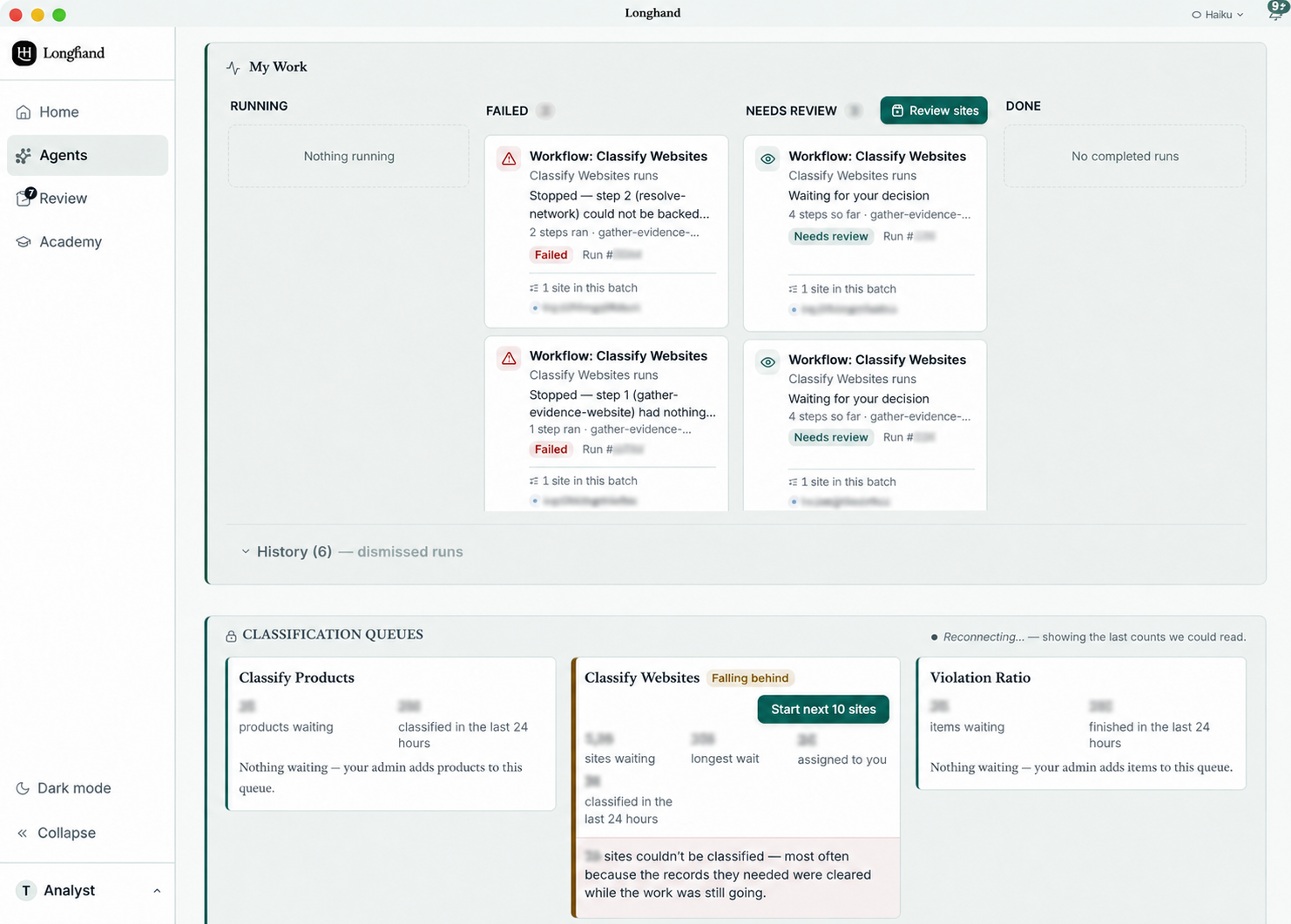 Longhand analyst workspace showing My Work above the Classification queues