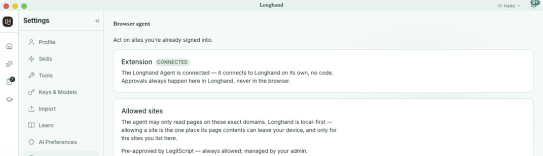Longhand Browser Agent settings showing the Longhand Agent Chrome extension connected