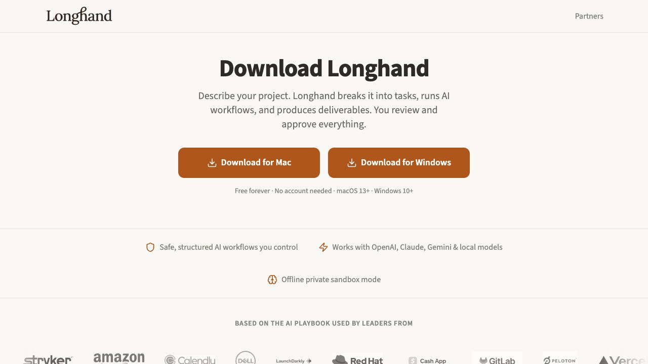 Longhand download page with buttons for Mac and Windows