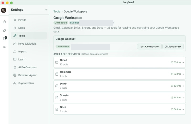 Longhand Settings showing a connected Google Workspace account and available Gmail, Calendar, Drive, Sheets, and Docs tools