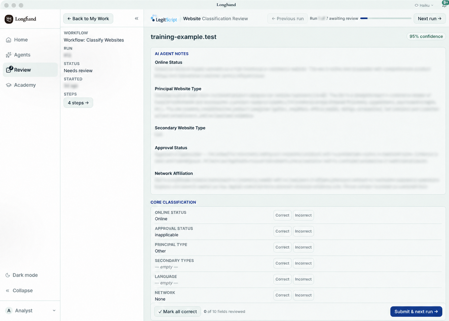 Longhand Website Classification Review with evidence and field-level Correct or Incorrect controls
