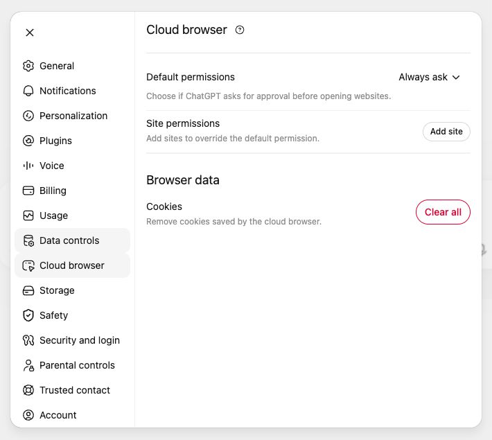 ChatGPT Cloud browser settings showing default permissions set to Always ask and an Add site control.