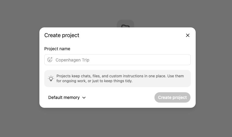 ChatGPT Create project dialog with fields for a project name and default memory.