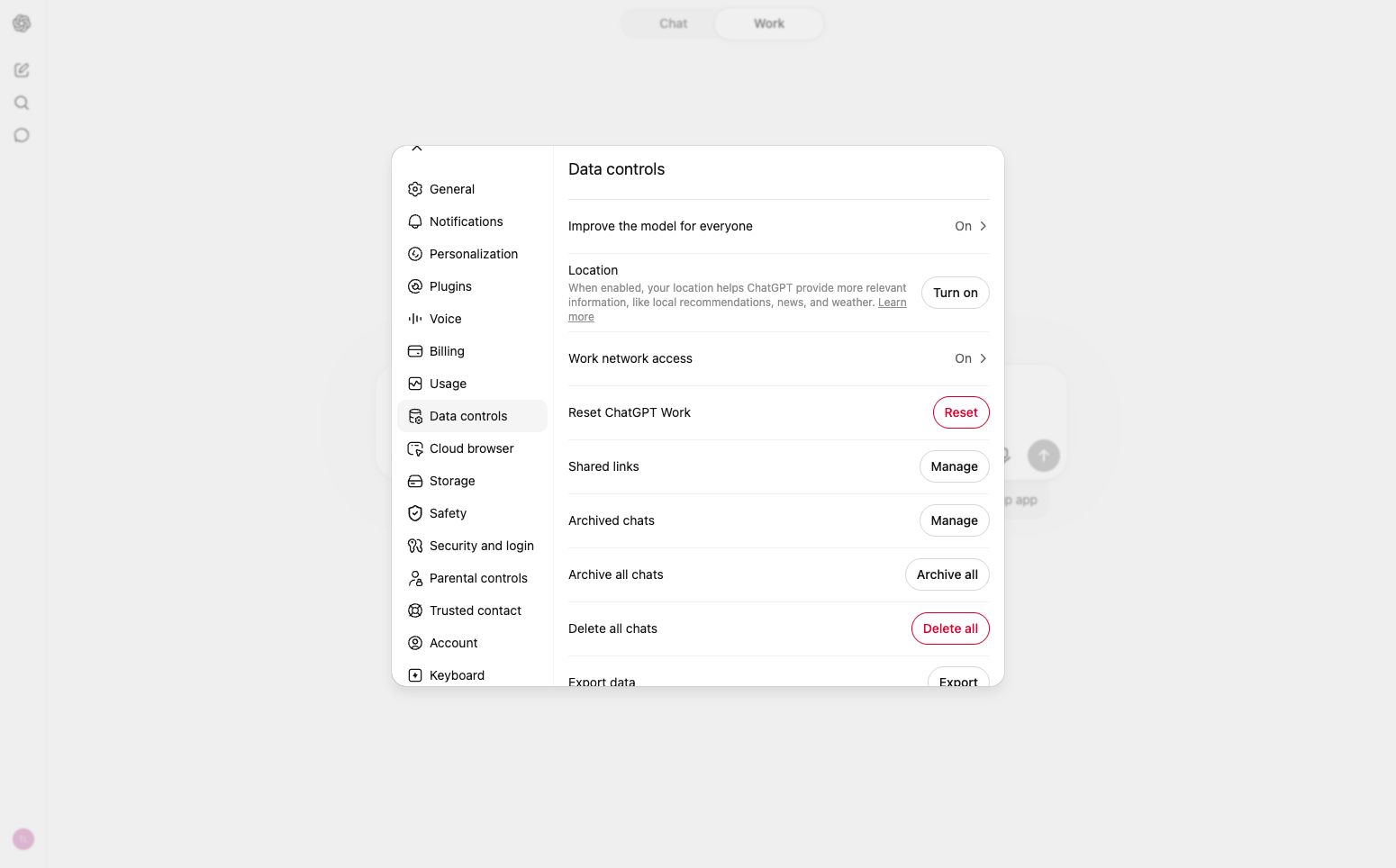 ChatGPT settings open to Data controls, including model improvement, shared links, and data export controls.