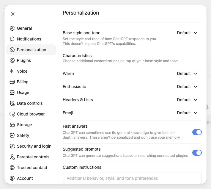 ChatGPT Personalization settings with style controls and a Custom instructions field.