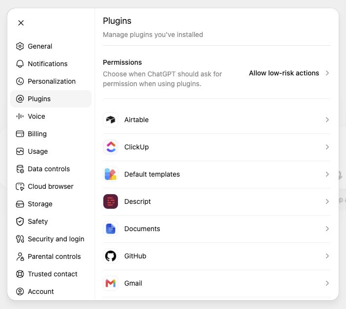 ChatGPT Plugins settings showing installed tools and a permissions control.
