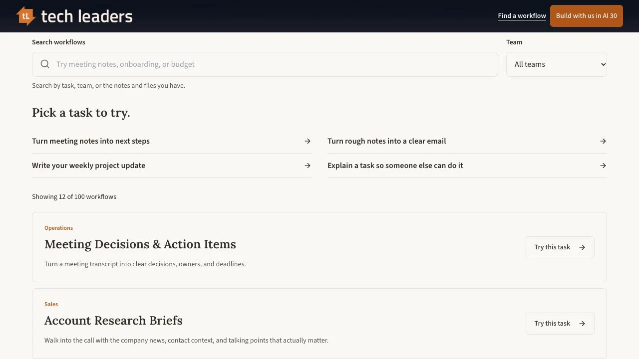 Preview of the prompt library with workflow search, team filters, and tasks for meeting notes and account research