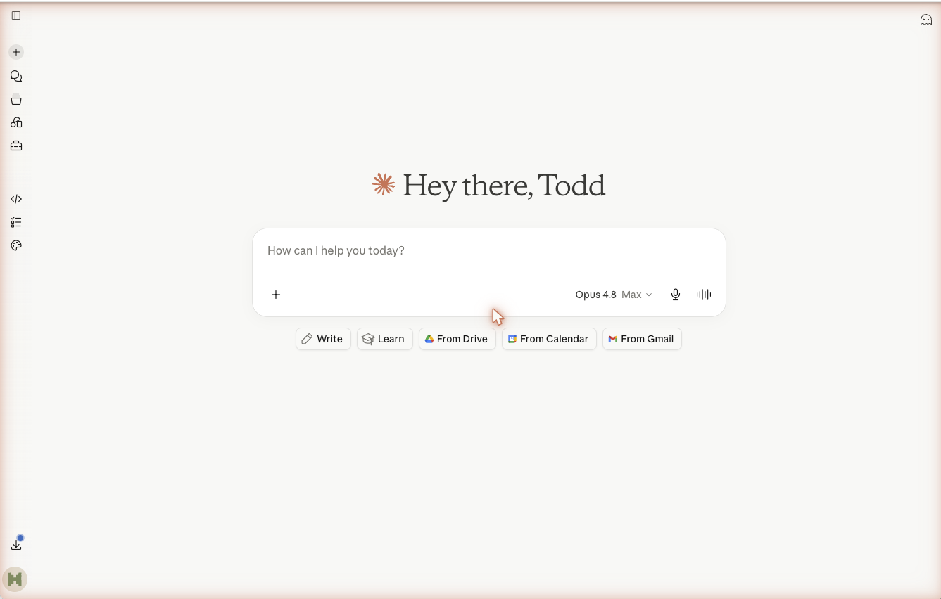 Claude home screen showing the left sidebar, message box, plus button, and model picker.