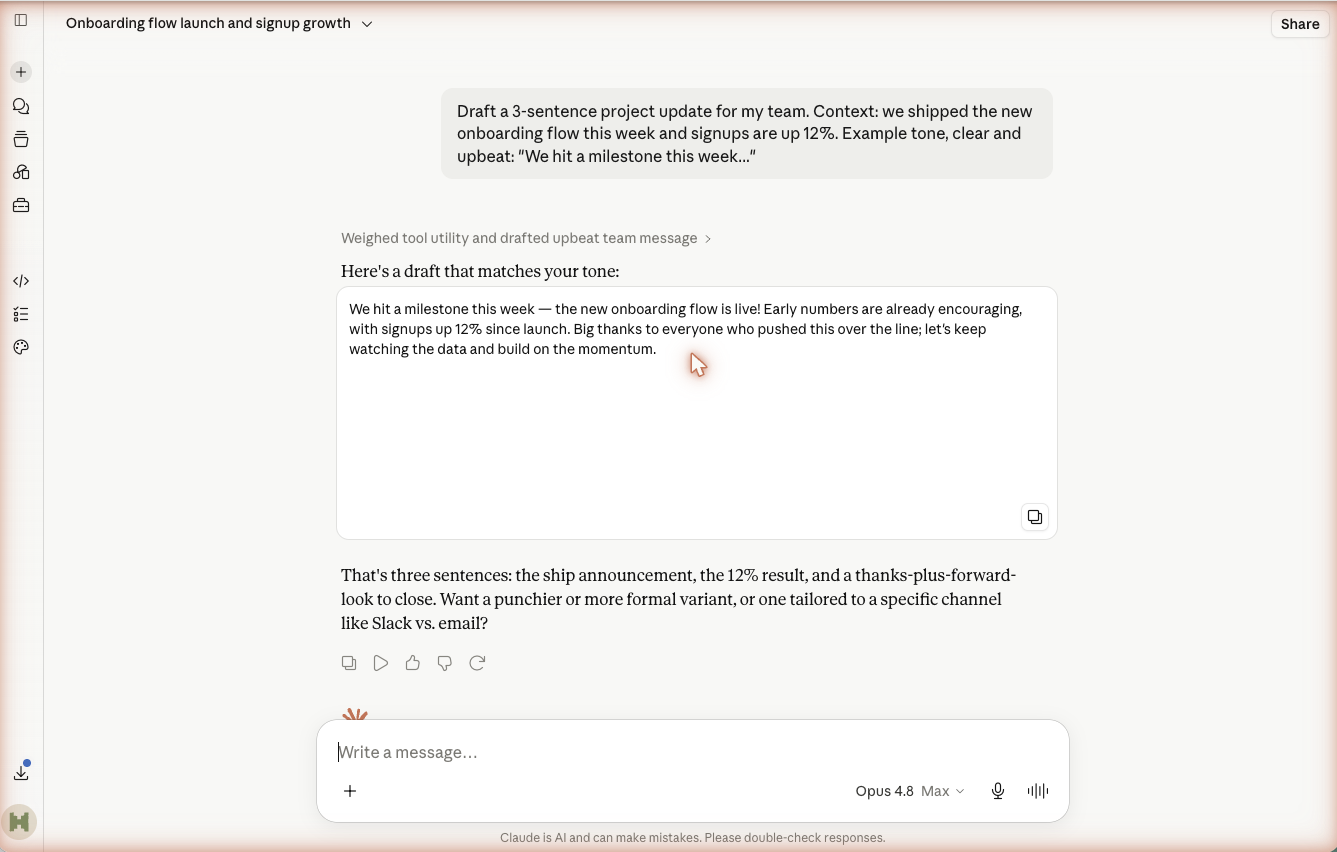 A structured prompt in the chat box with a clear ask, context, and example, alongside Claude's drafted reply.