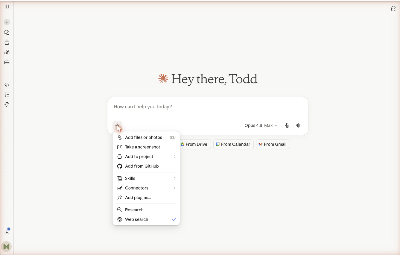 Claude attachment menu with Add files or photos selected from the plus button.