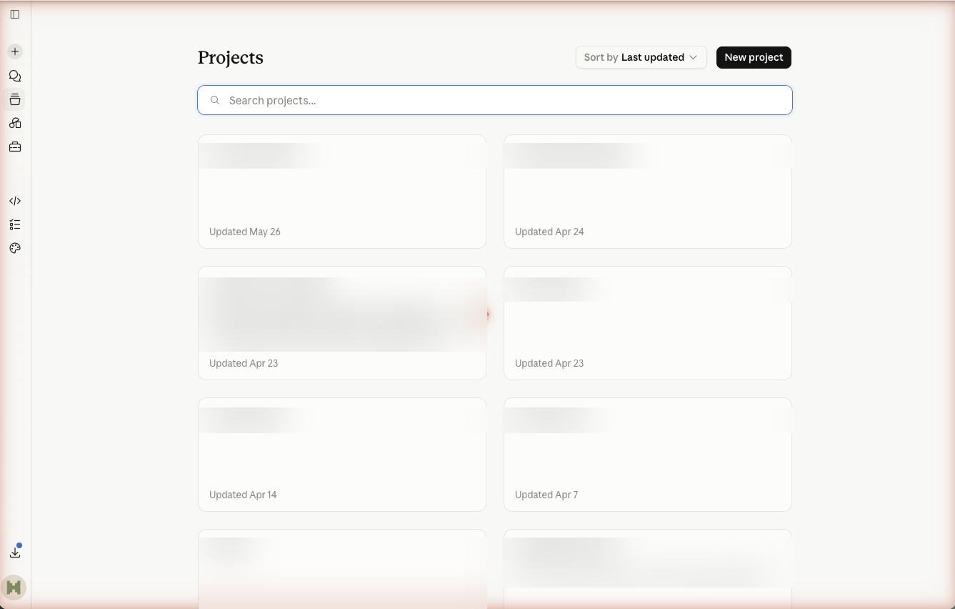 Claude Projects gallery with a New project button and existing project cards.