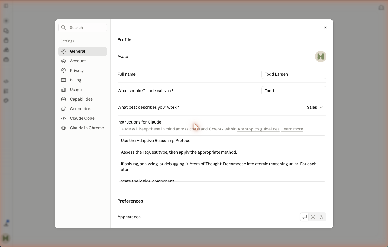 The Settings Instructions for Claude field with the Adaptive Reasoning Protocol pasted in.