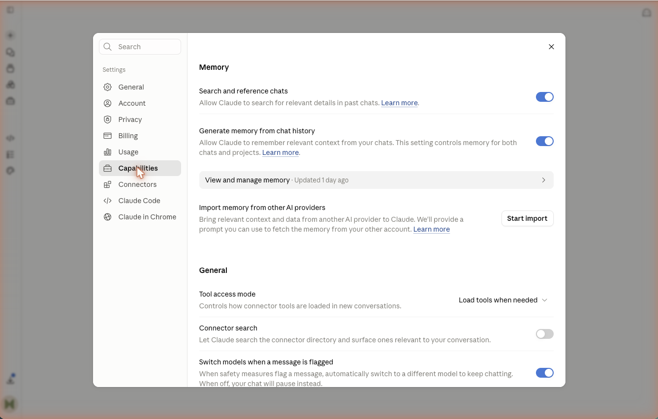 The Settings Capabilities Memory panel with controls to search and reference past chats and generate memory.
