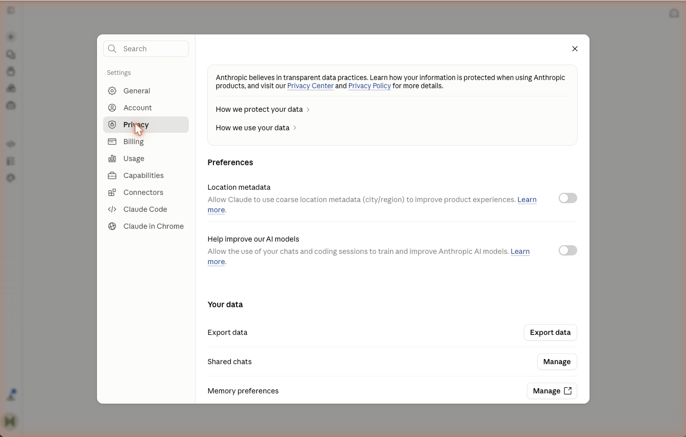 The Settings Privacy panel with the model training toggle, export, shared chats, and memory controls.