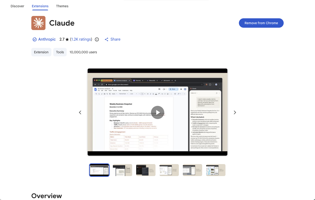 The Chrome Web Store listing for the Claude extension by Anthropic with an Add to Chrome button.