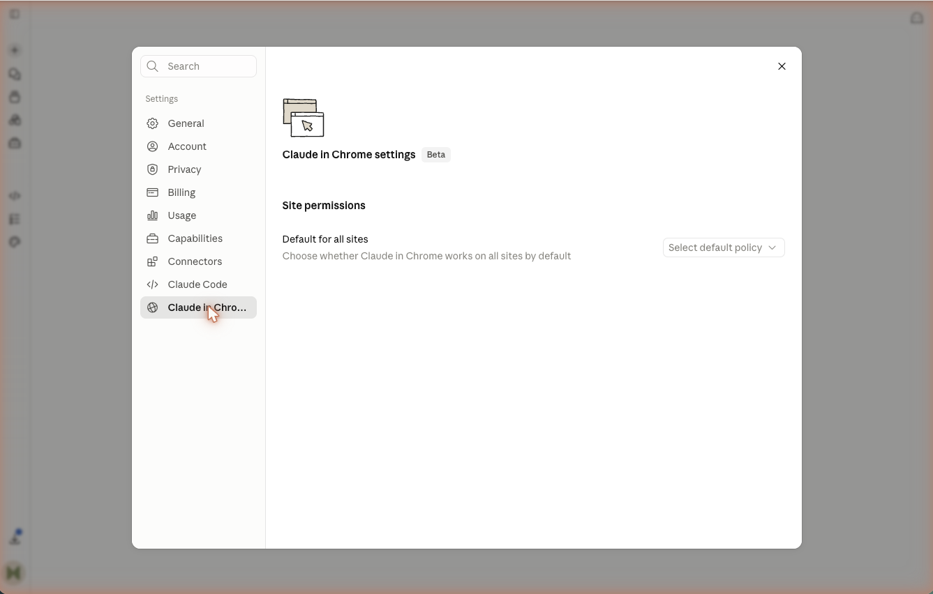 The Settings panel for Claude in Chrome showing per-site permission controls.