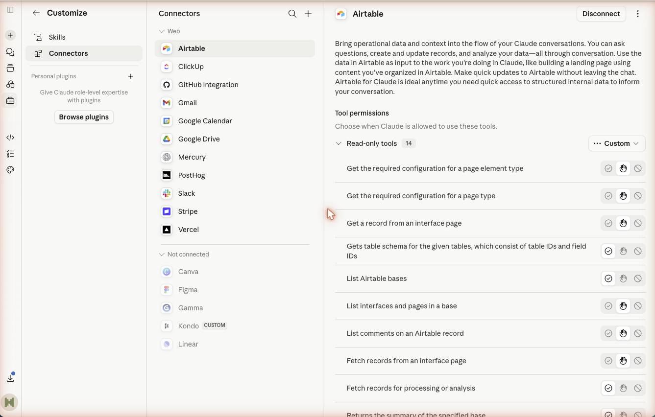 The Connectors panel listing tools like Airtable, Gmail, and Slack with per-tool permission controls.