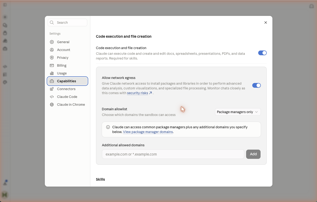 The Capabilities settings showing toggles for Visuals and for code execution and file creation.