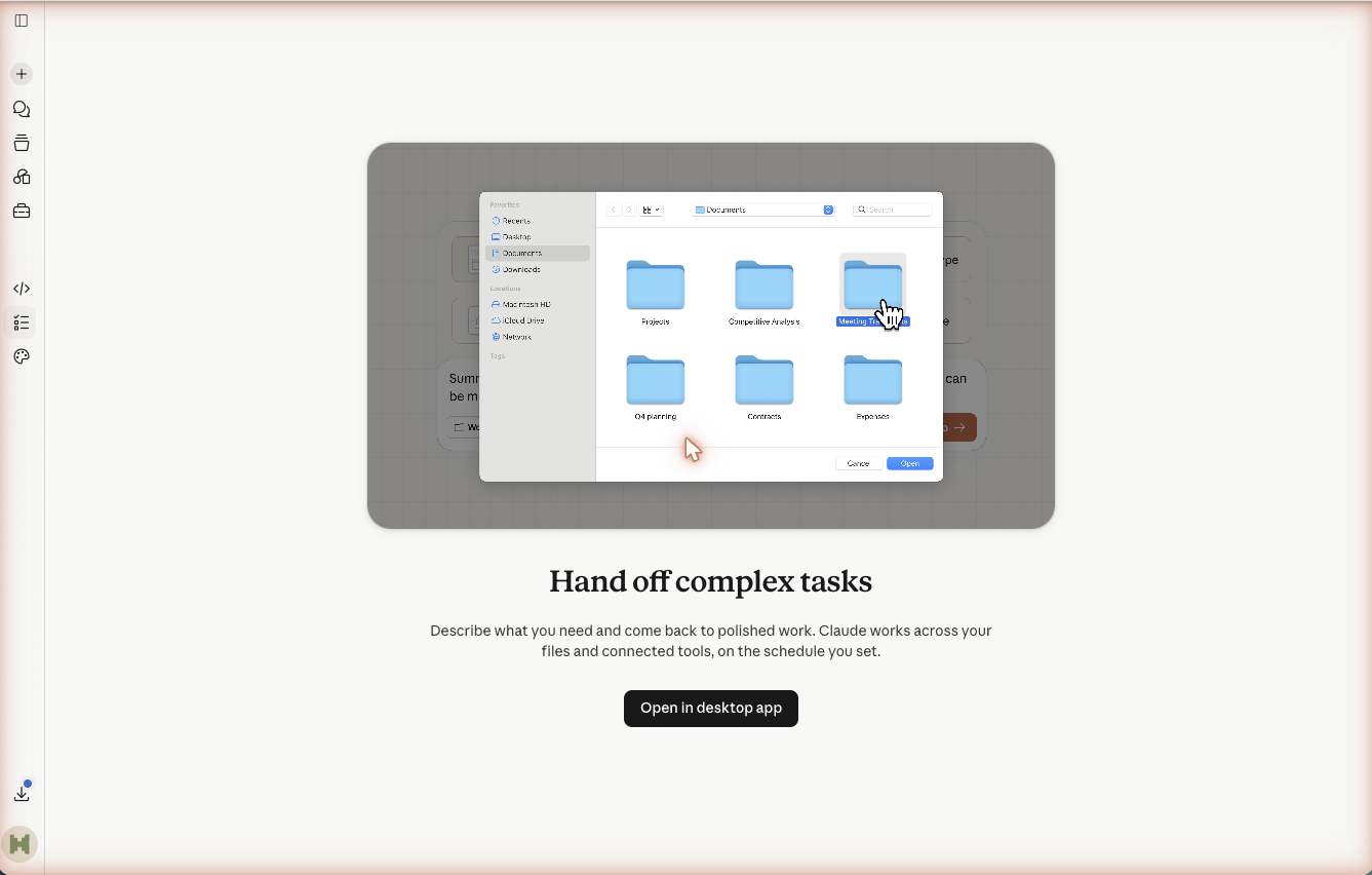 The Claude Cowork intro screen reading Hand off complex tasks, with an option to open in the desktop app.