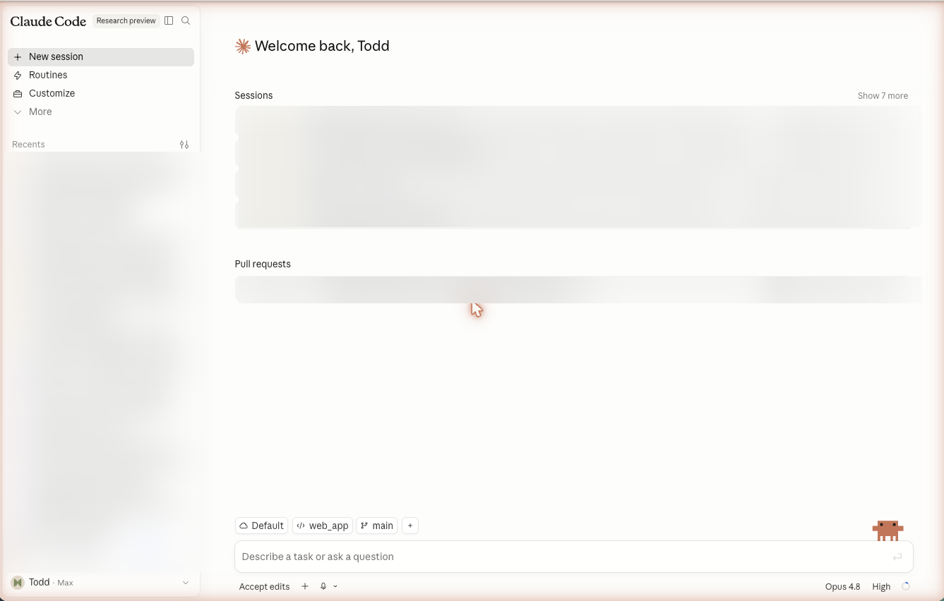 The Claude Code app window showing New session, Routines, Recents, and Pull requests.