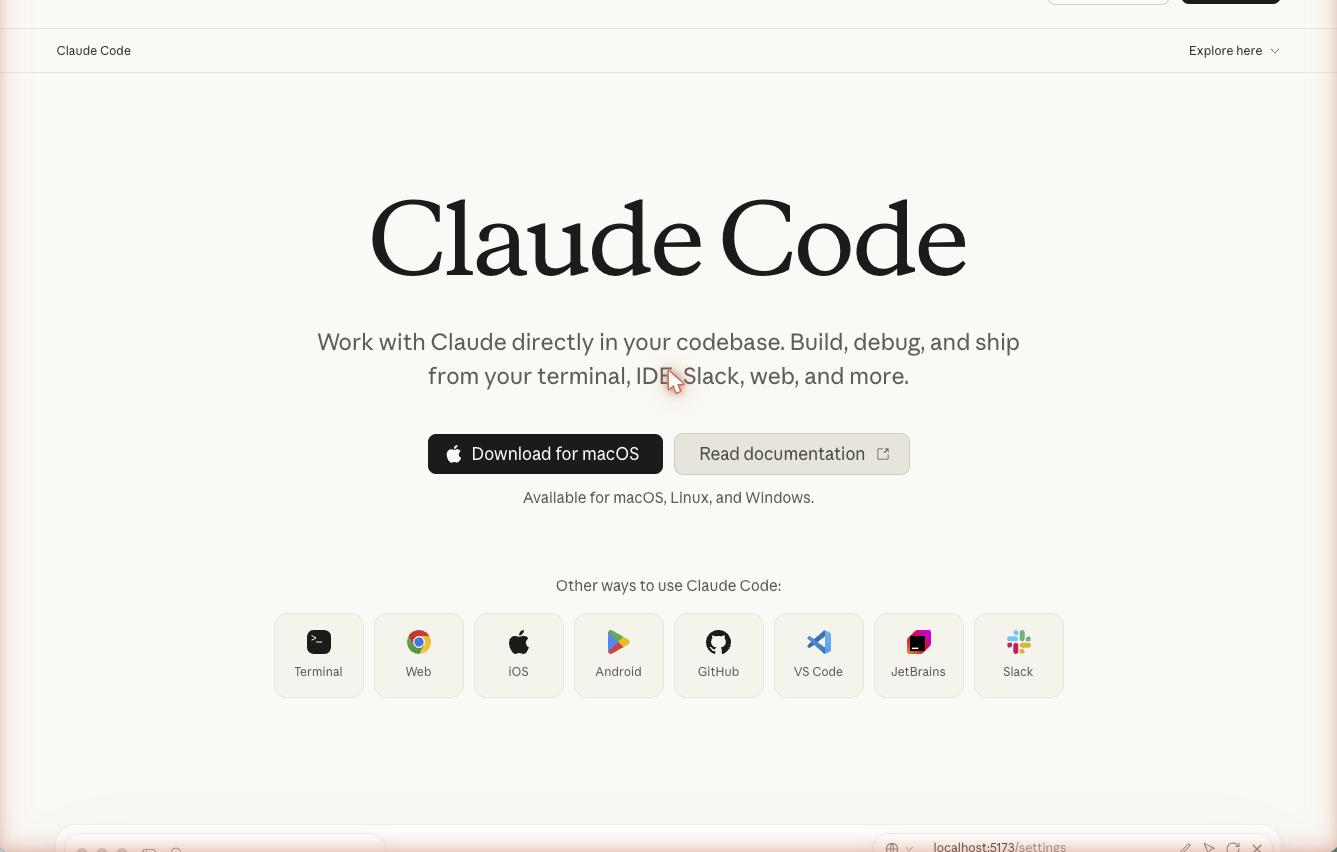 The Claude Code download page with a Download for macOS button.