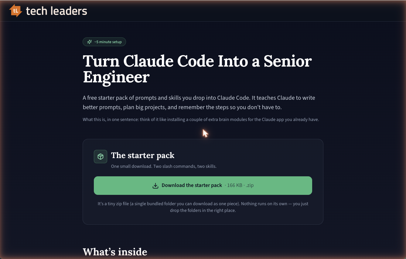 The technical-leaders.com Claude meta-prompting landing page.