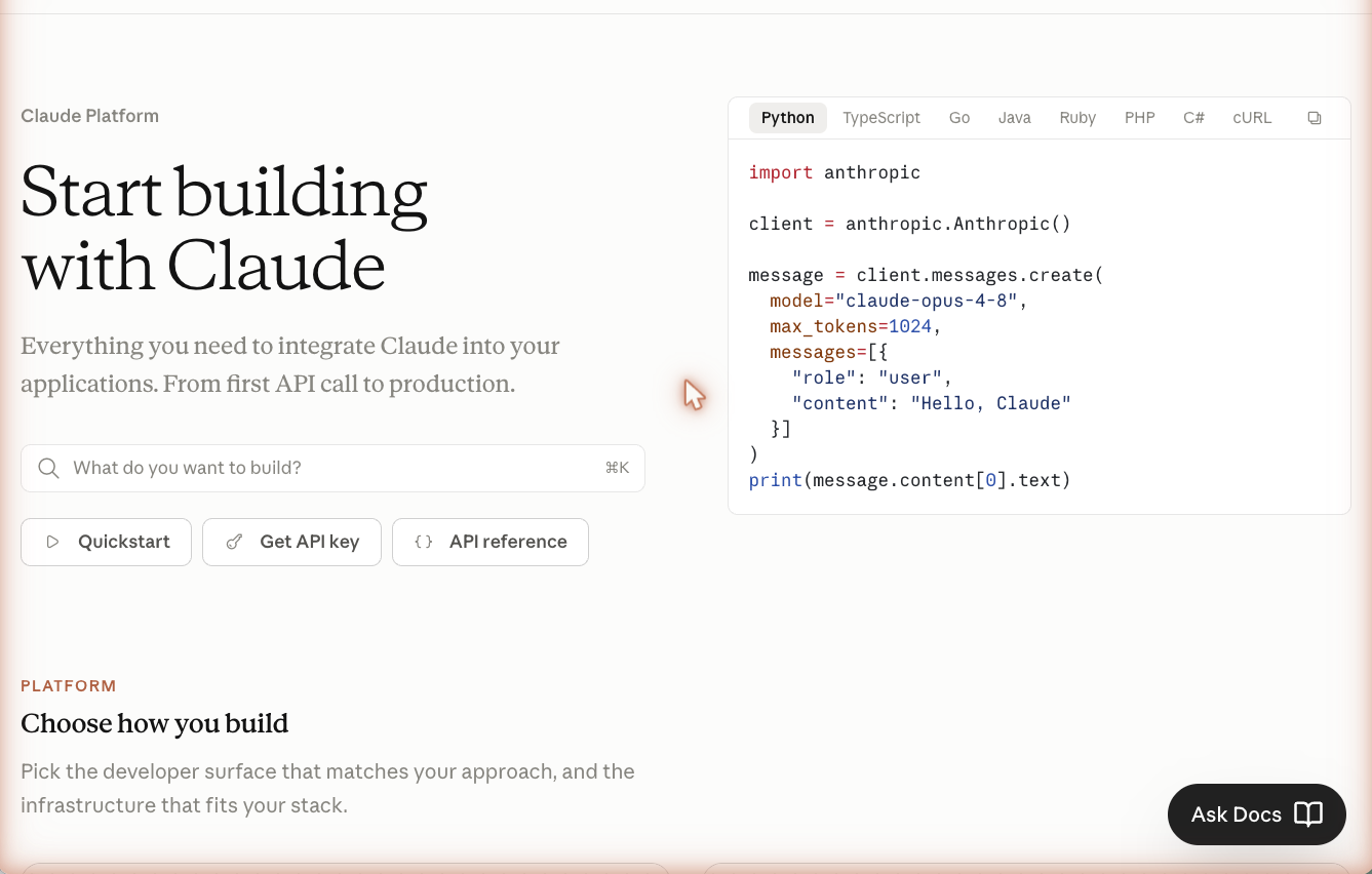 The official Claude documentation home at docs.claude.com.